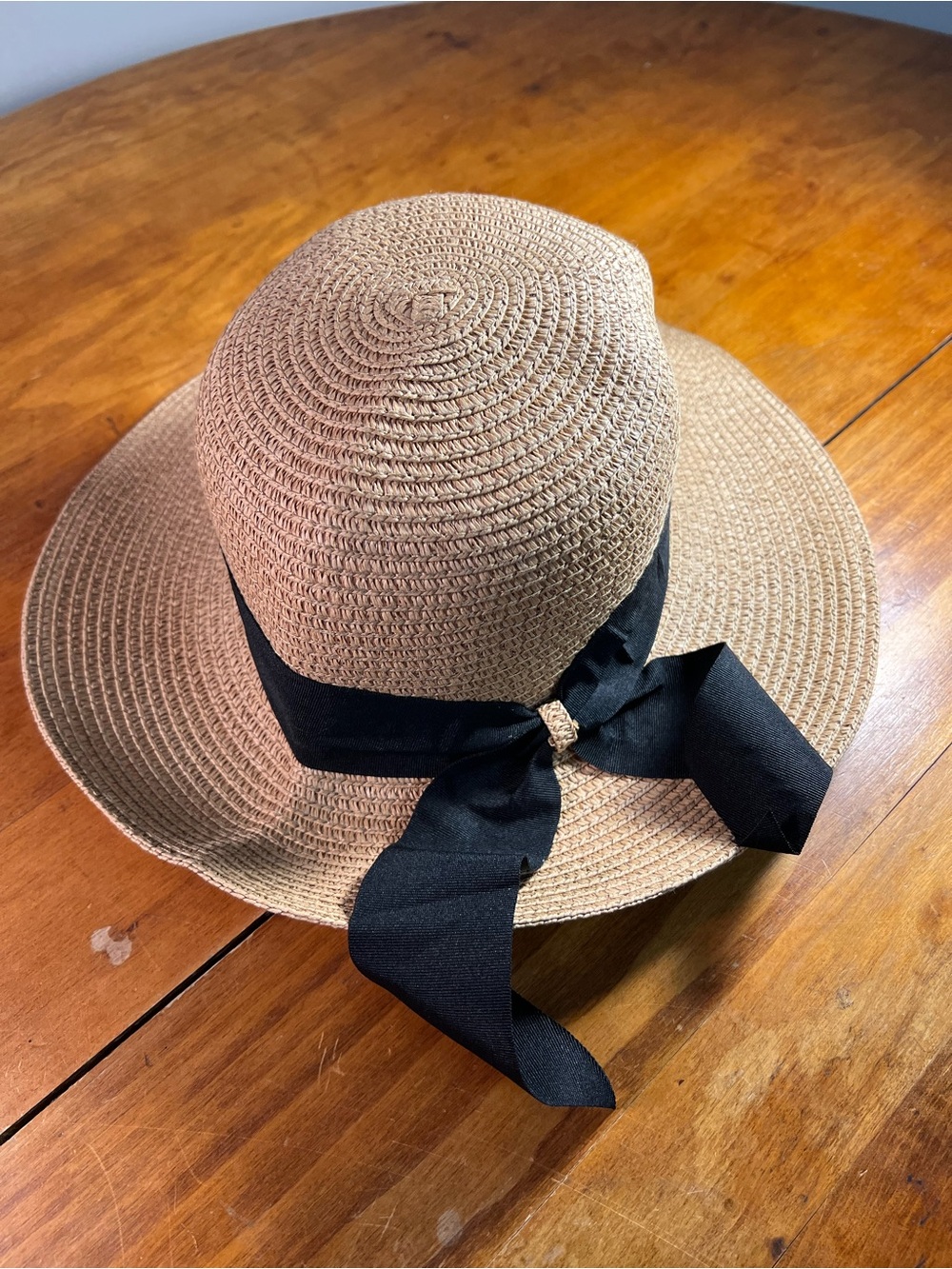 Packable Wide-Brim Straw Sun Hat with Black Ribbon